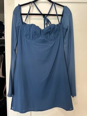 Princess Polly Dusty Blue Long-Sleeve Mesh Mini Dress